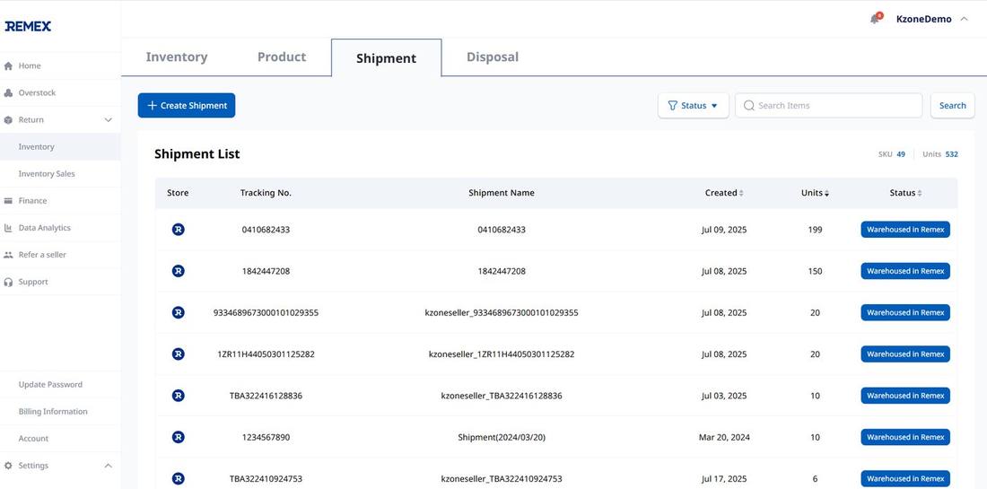 REMEX Management shipment list with units and warehouse status