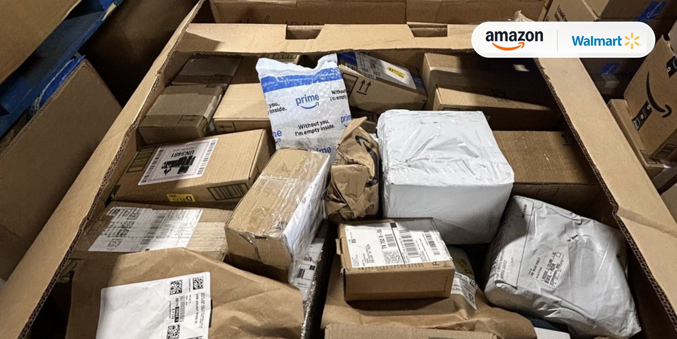 E-commerce removal parcels with Amazon and Walmart logos.